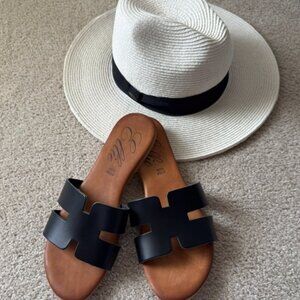Black Italian Leather Sandals and Scala Straw Hat